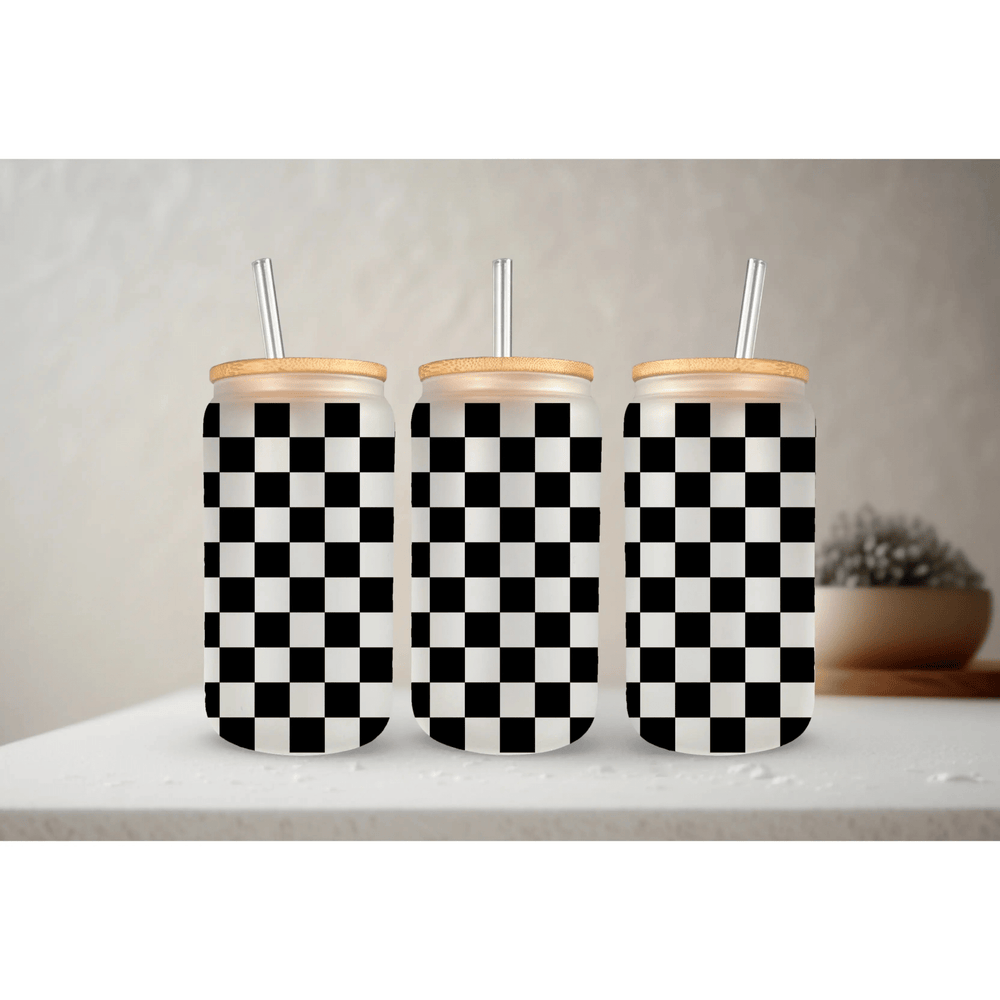 Checkered | 20 oz Glass Tumbler with Bamboo Lid & Straw - LECCE