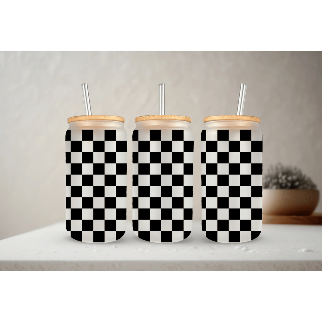 Checkered | 20 oz Glass Tumbler with Bamboo Lid & Straw