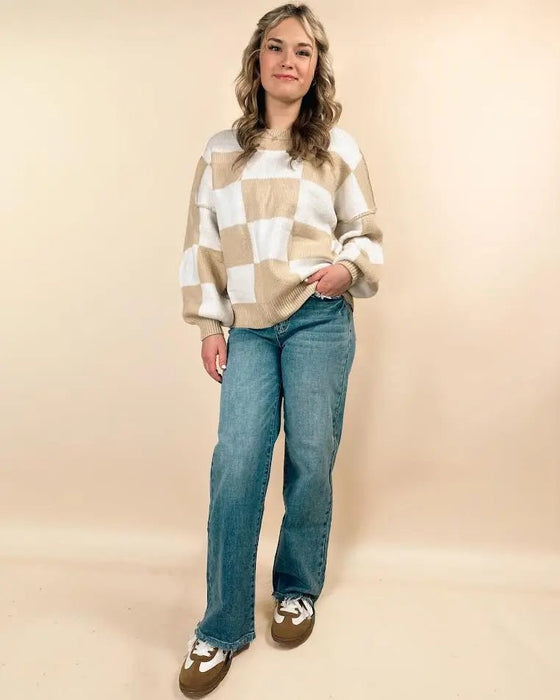 Checkered Bishop Sleeve Sweater - LECCE