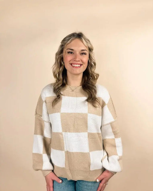 Checkered Bishop Sleeve Sweater - LECCE