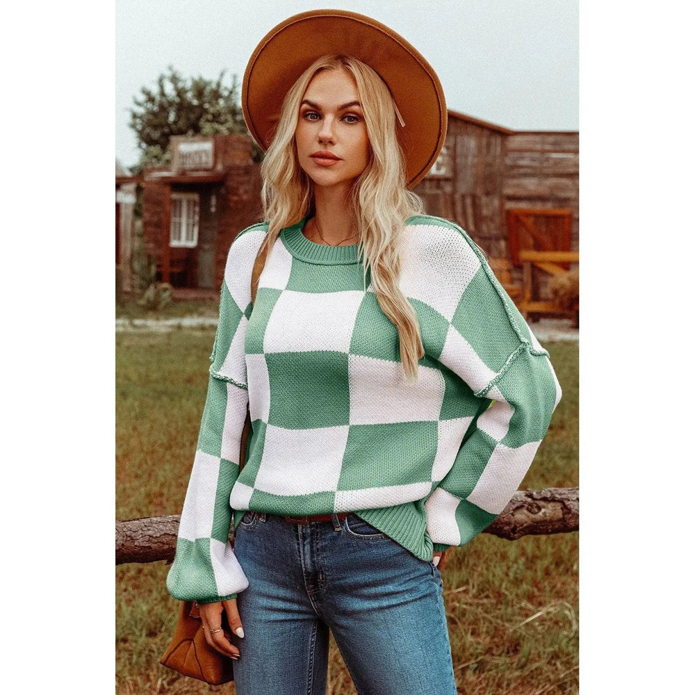 Checkered Bishop Sleeve Sweater - LECCE