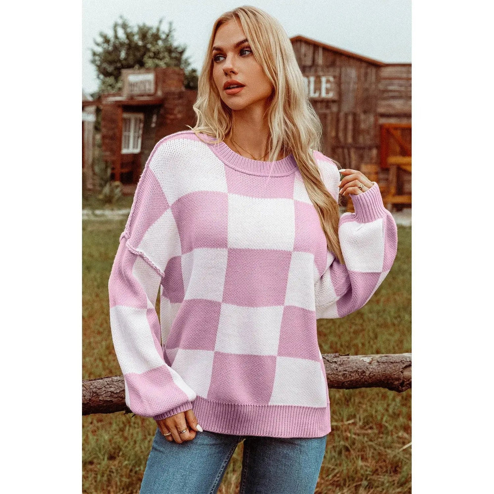 Checkered Bishop Sleeve Sweater - LECCE