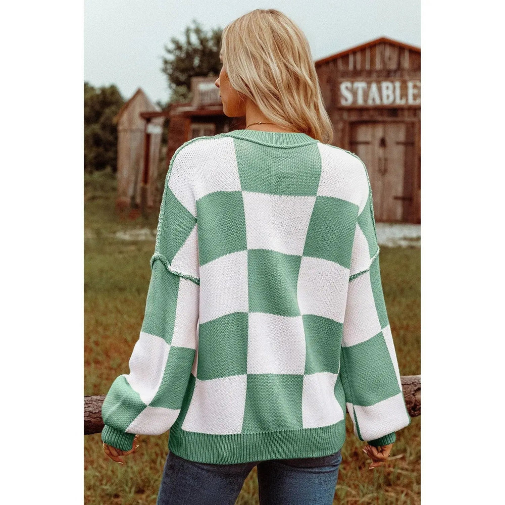 Checkered Bishop Sleeve Sweater - LECCE