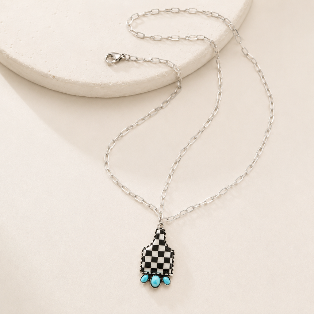 Western Checkered Cattle Tag Pendant Necklace