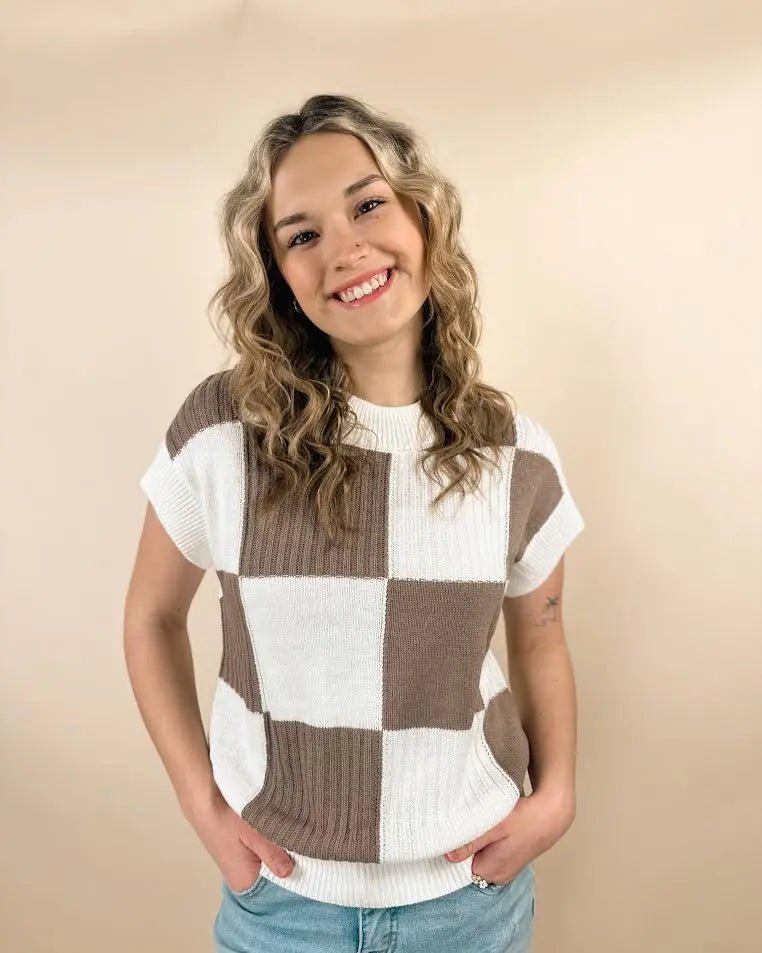 Checkered Color Block Short Sleeve Sweater - LECCE