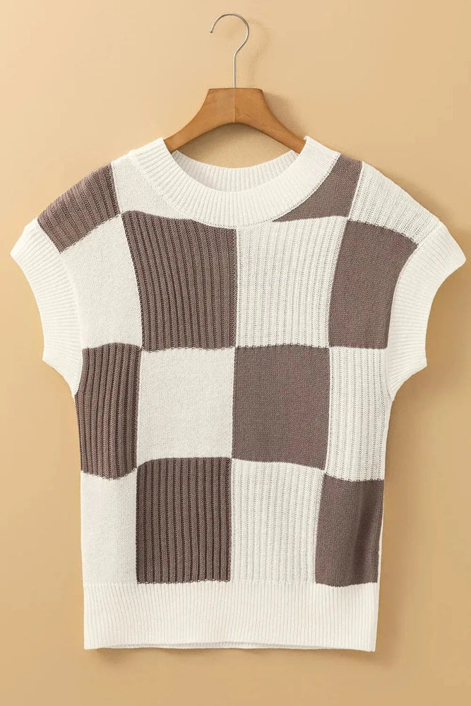 Checkered Color Block Short Sleeve Sweater - LECCE