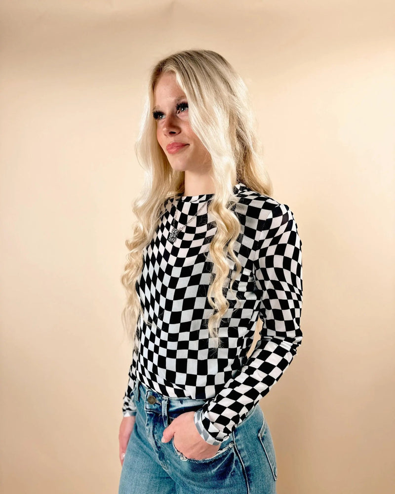 Checkered Mesh Mock Neck Long Sleeve Top - LECCE