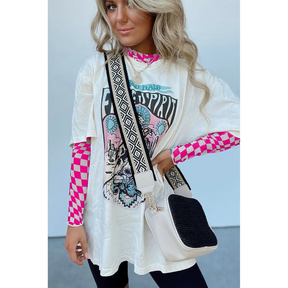 Checkered Mesh Mock Neck Long Sleeve Top - LECCE