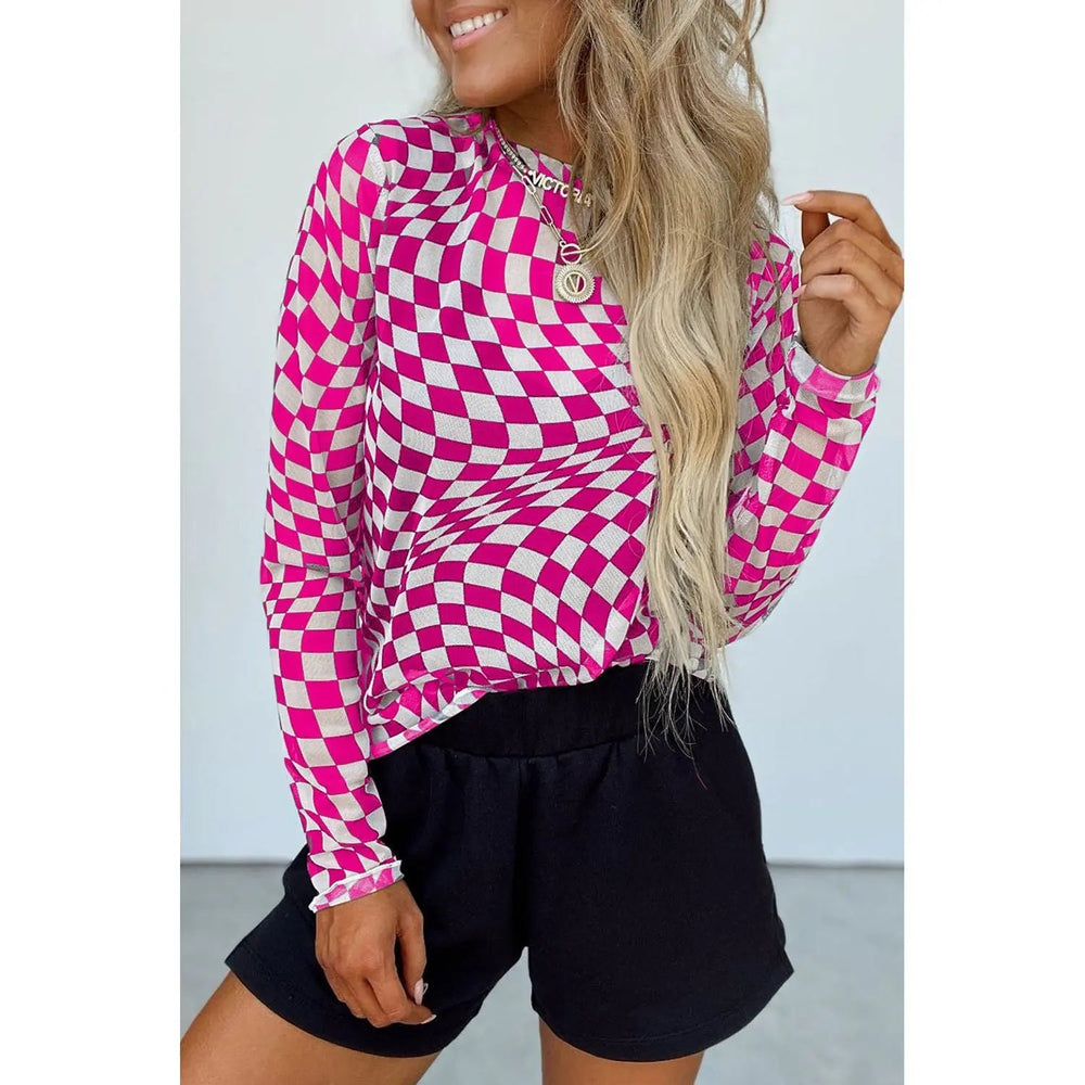Checkered Mesh Mock Neck Long Sleeve Top - LECCE