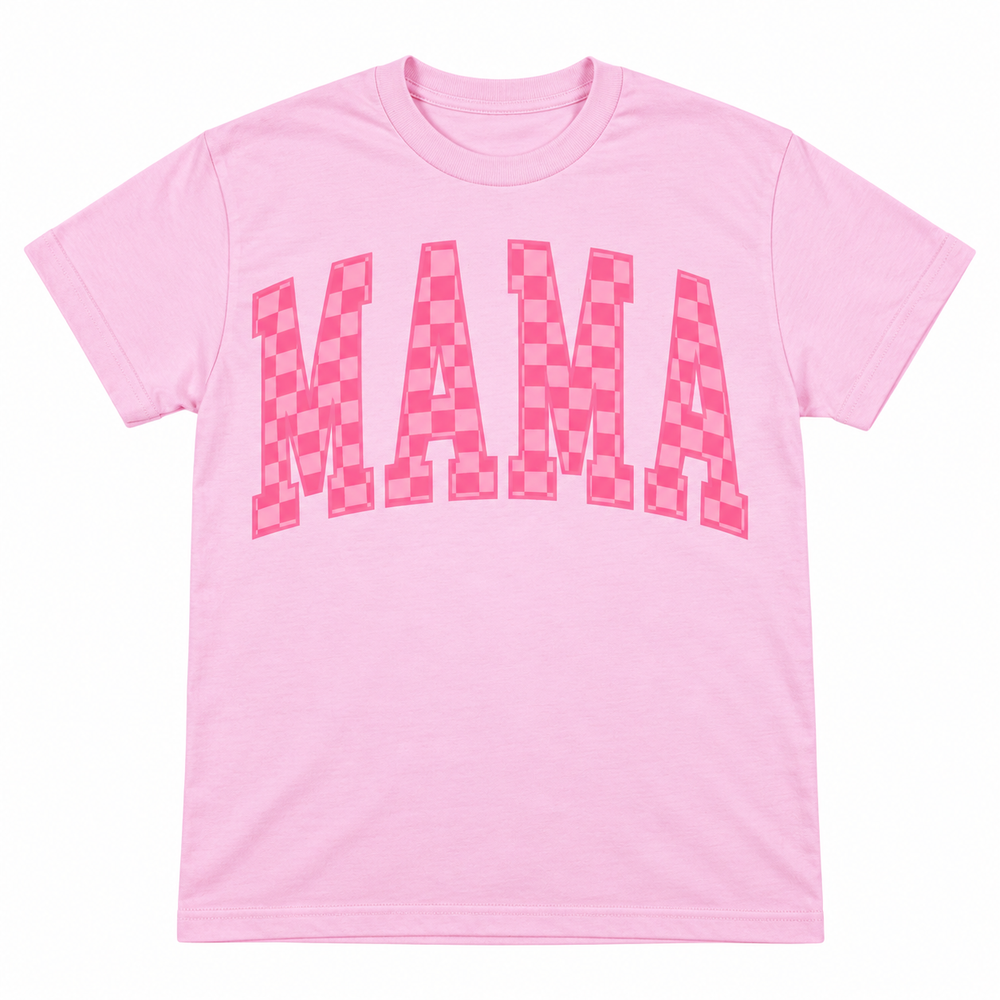 Checkered Pink Mama t-shirt on white background