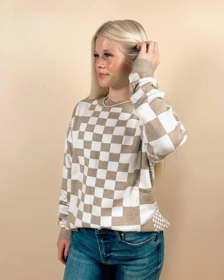 Checkered Print Round Neck Sweater