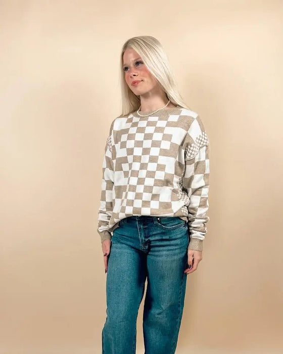Checkered Print Round Neck Sweater - LECCE