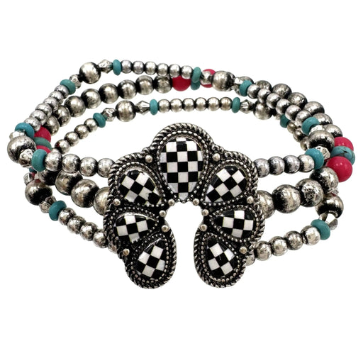 Checkered Print Western Squash Blossom Bead Bracelet - LECCE