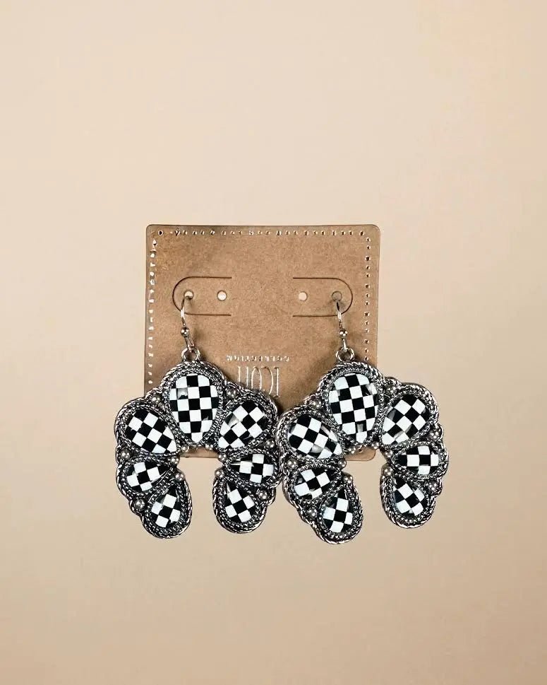 Checkered Print Western Squash Blossom Earrings