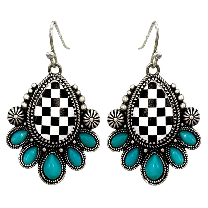 Checkered Print Western Teardrop Flower Earrings - LECCE