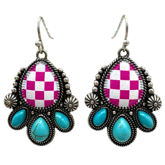 Checkered Print Western Teardrop Flower Earrings - LECCE