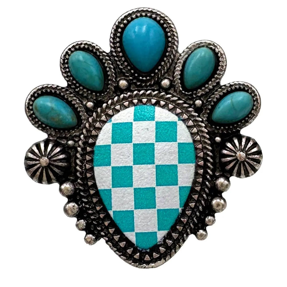 Checkered Print Western Teardrop Flower Stretch Ring - LECCE