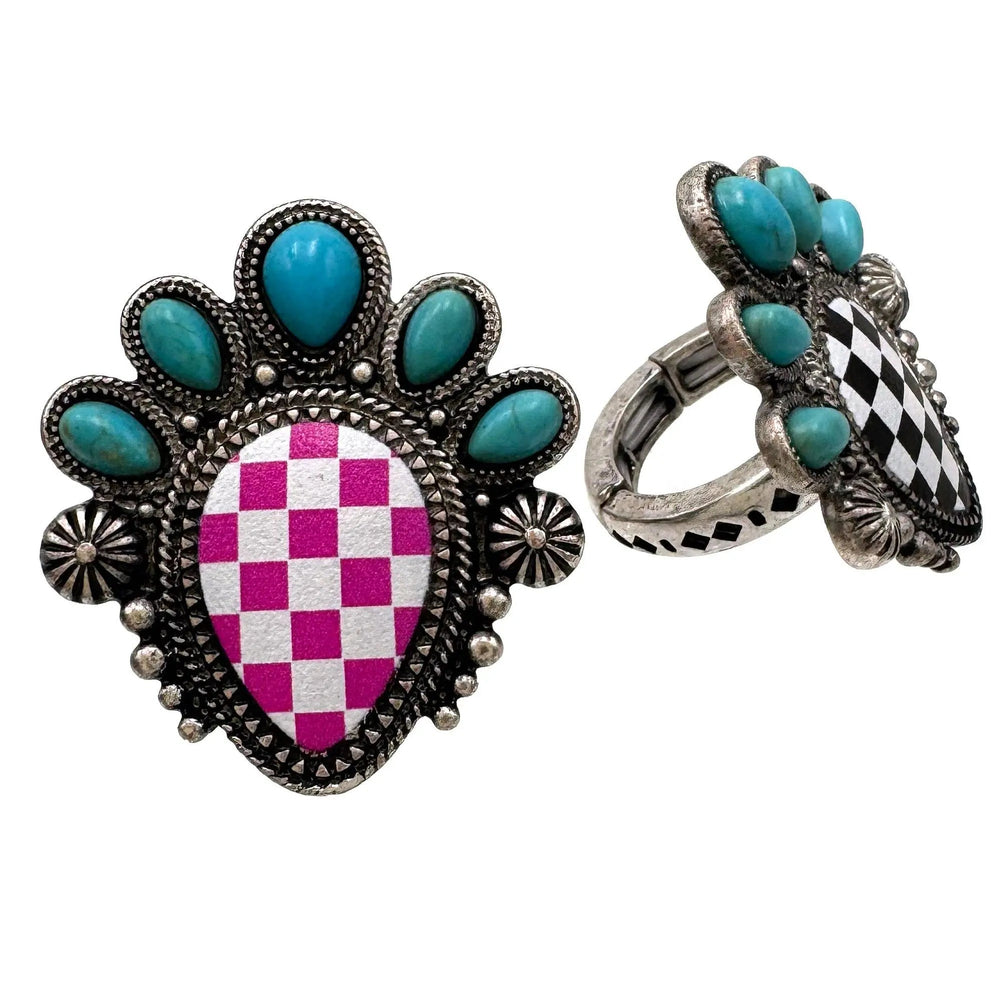 Checkered Print Western Teardrop Flower Stretch Ring - LECCE