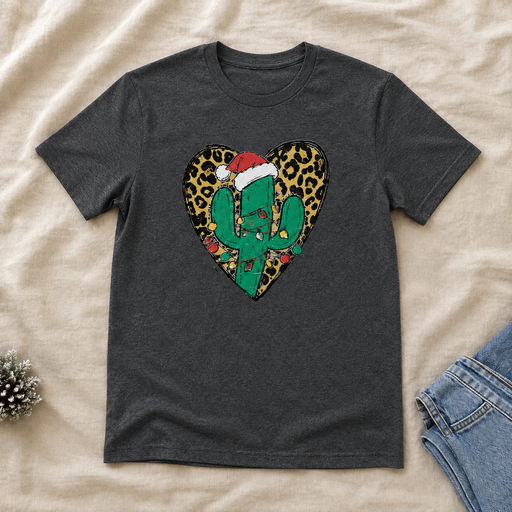 Christmas Cactus with Leopard Heart charcoal T-shirt flat lay