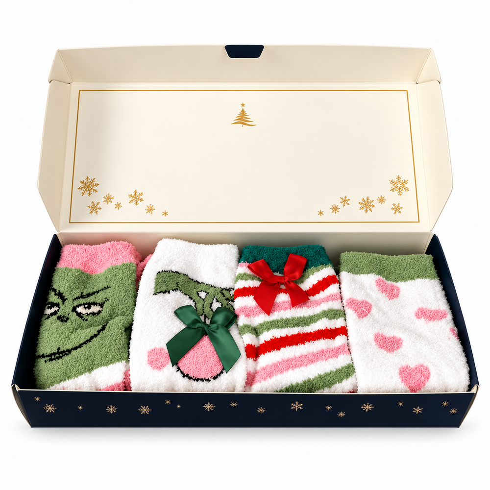 Green Monster Christmas fuzzy socks four-pack gift box on white background
