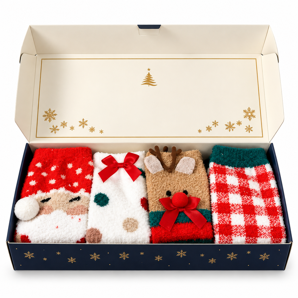 Santa Christmas fuzzy socks four-pack gift box on white background