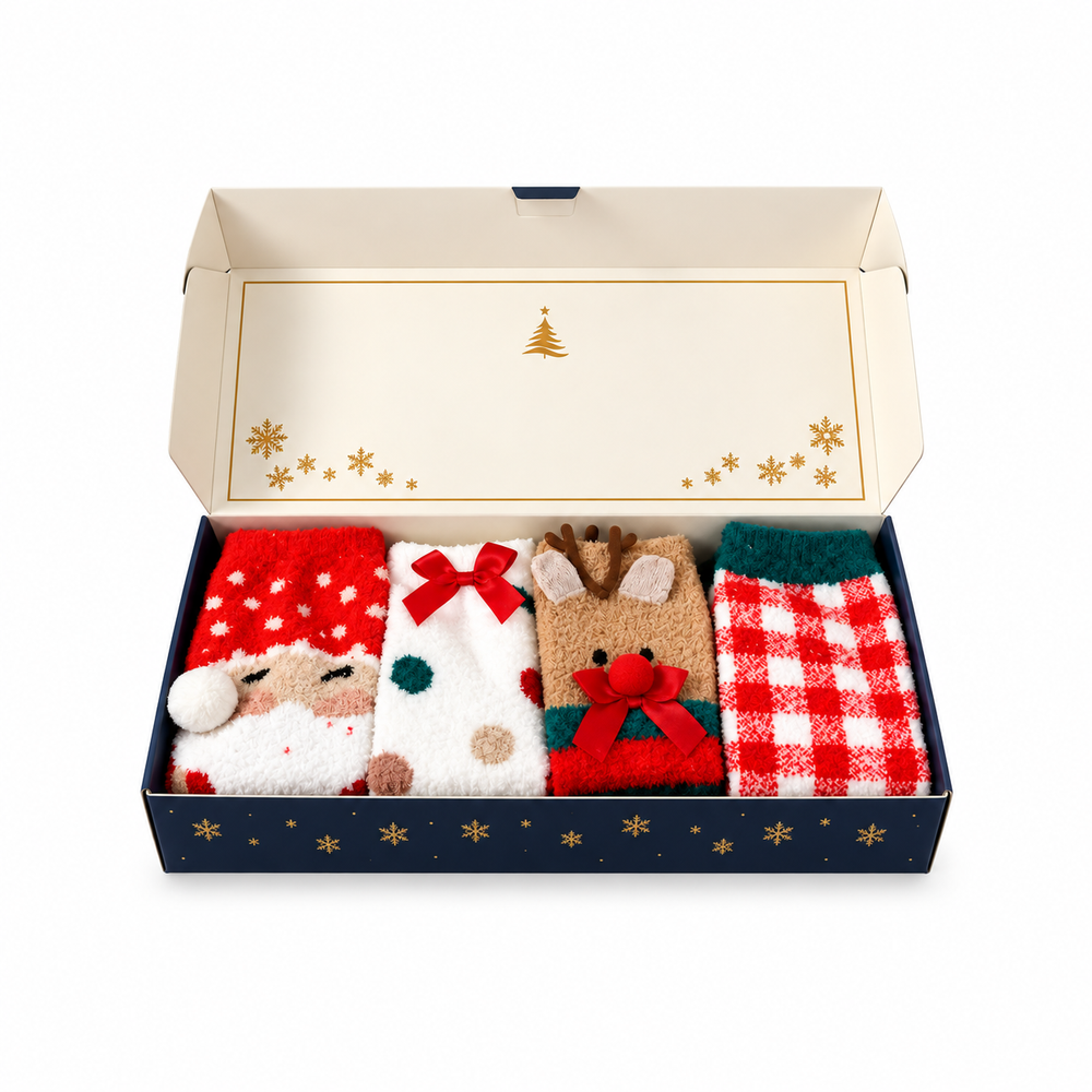 Santa Christmas fuzzy socks four-pack gift box