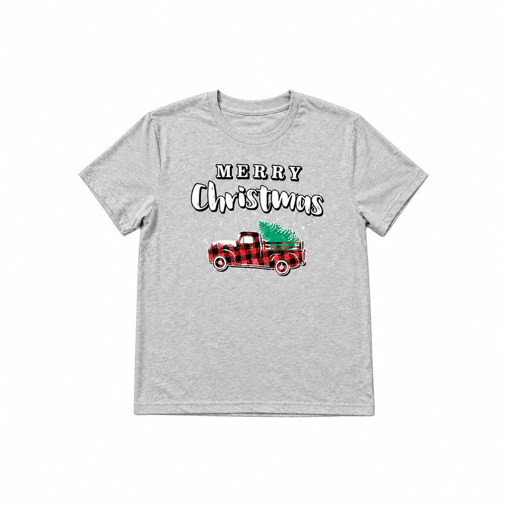 Christmas truck - plaid t-shirt centered smaller on pure white background