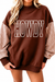 Coffee Contrast Plaid Sleeve HOWDY Embroidered Letter Graphic Mock Neck Sweatshirt on white background