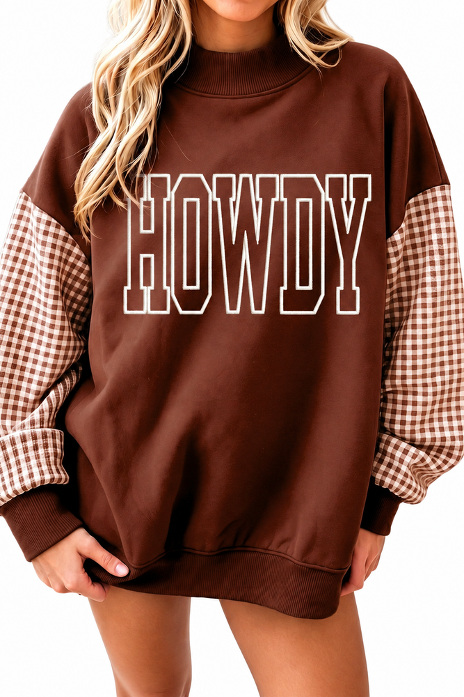 Coffee Contrast Plaid Sleeve HOWDY Embroidered Letter Graphic Mock Neck Sweatshirt on white background