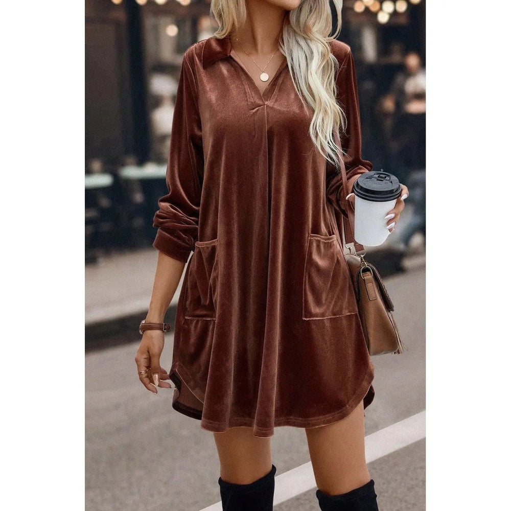 Collared V Neck Two Pockets Shift Velvet Dress - LECCE