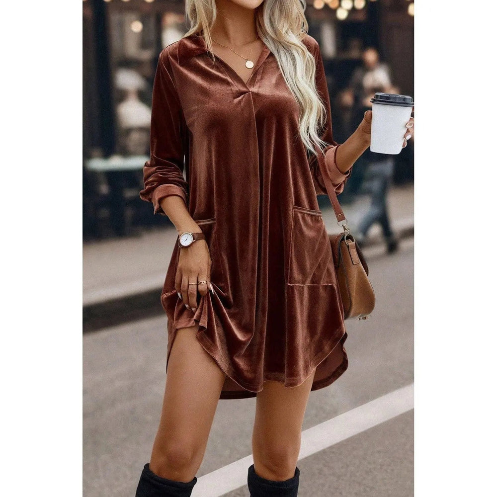 Collared V Neck Two Pockets Shift Velvet Dress - LECCE