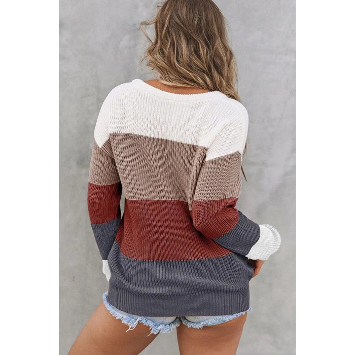 Color Block Knitted O - neck Pullover Sweater - LECCE
