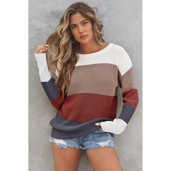 Color Block Knitted O - neck Pullover Sweater - LECCE