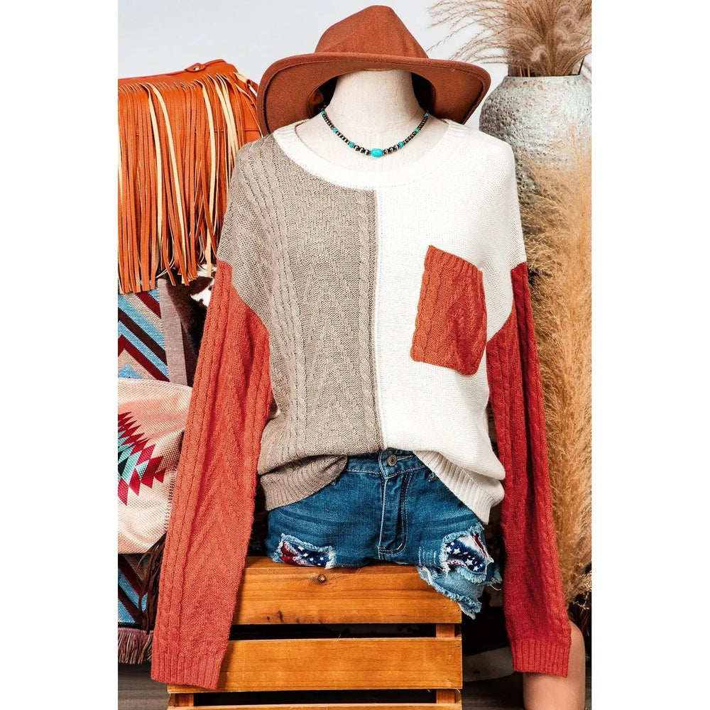 Colorblock Patched Pocket Drop Shoulder Sweater - LECCE