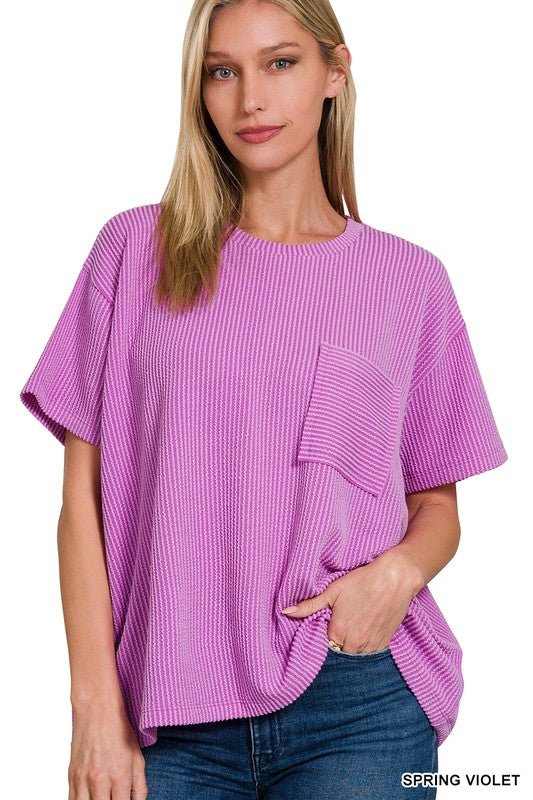 Corded Rib Short Sleeve Front Pocket Top - LECCE