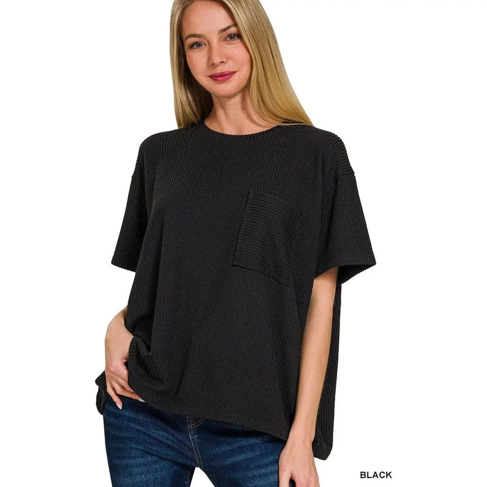 Corded Rib Short Sleeve Front Pocket Top - LECCE