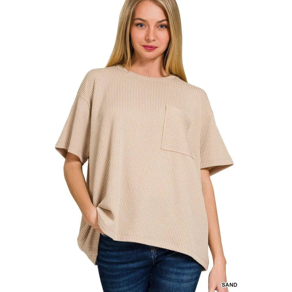 Corded Rib Short Sleeve Front Pocket Top - LECCE