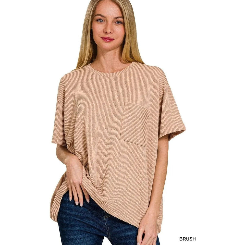 Corded Rib Short Sleeve Front Pocket Top - LECCE