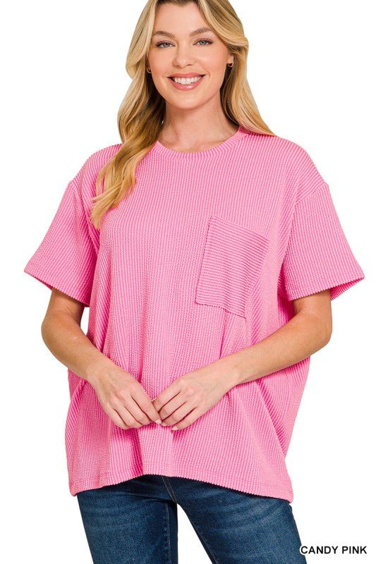 Corded Rib Short Sleeve Front Pocket Top - LECCE