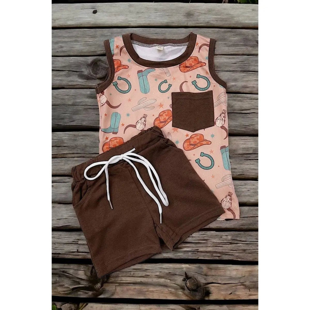 COUNTRY BOY" MULTI PRINTED BROWN 2 PIECE SET. - LECCE