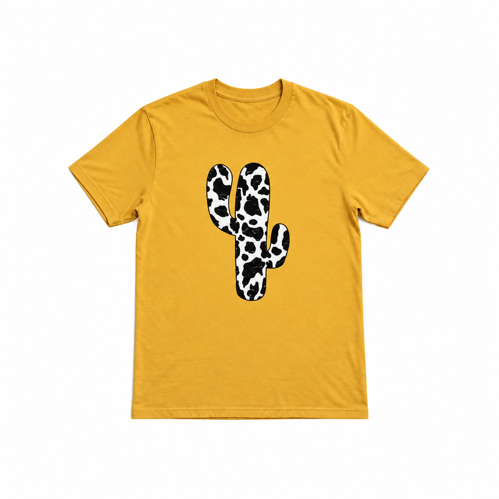 Cow Pattern Cactus T-Shirt centered smaller on pure white background