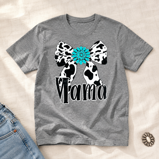 Cow Print Bow Mama T-shirt flat lay