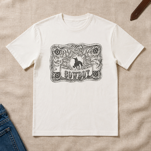 Cowboy Buckle T-shirt flat lay