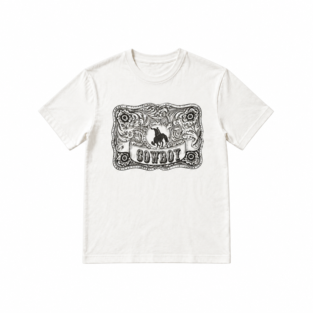 Cowboy Buckle Tee centered smaller on pure white background