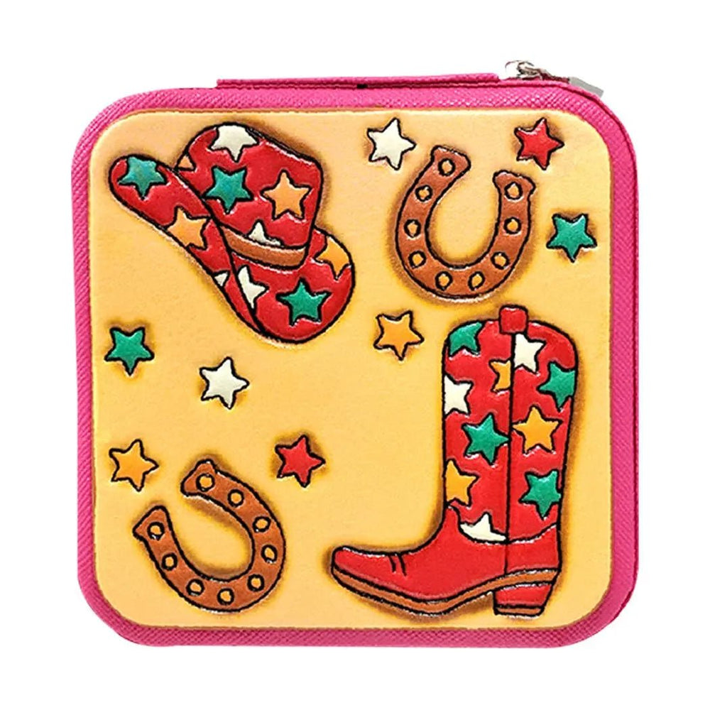 Cowboy Theme Print Square Leather Jewelry Box - LECCE