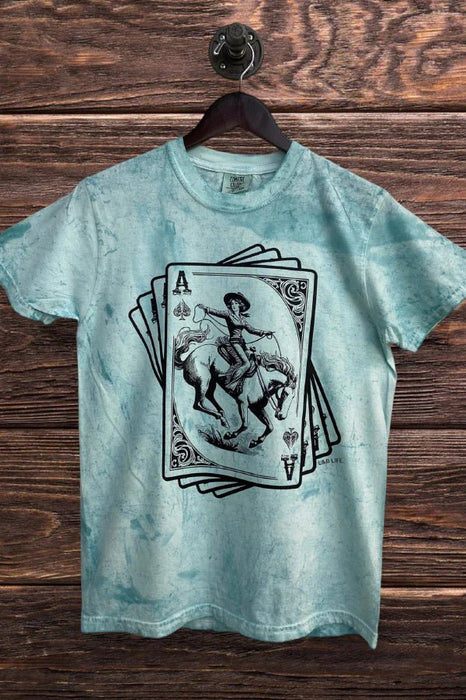 Cowgirl Card Blasted Turquoise DTF Graphic T-Shirt - LECCE