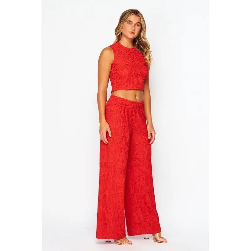 Crinkle Textured Cropped Top 2pc Loungewear Set - LECCE