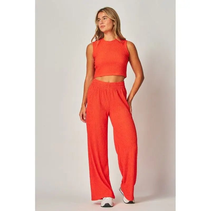 Crinkle Textured Cropped Top 2pc Loungewear Set - LECCE