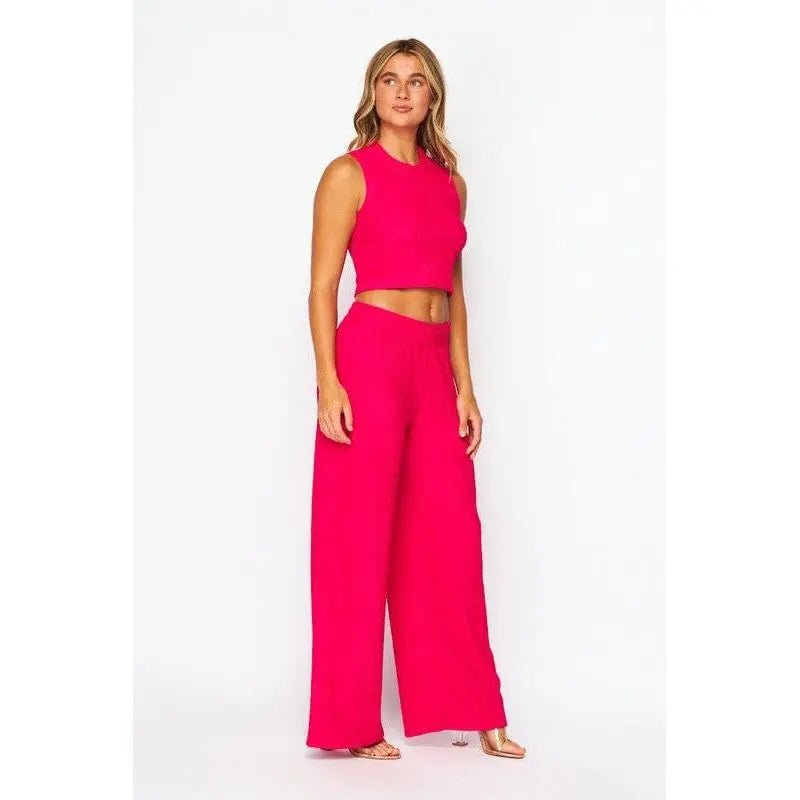 Crinkle Textured Cropped Top 2pc Loungewear Set - LECCE