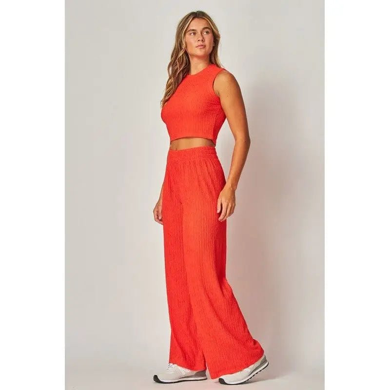 Crinkle Textured Cropped Top 2pc Loungewear Set - LECCE